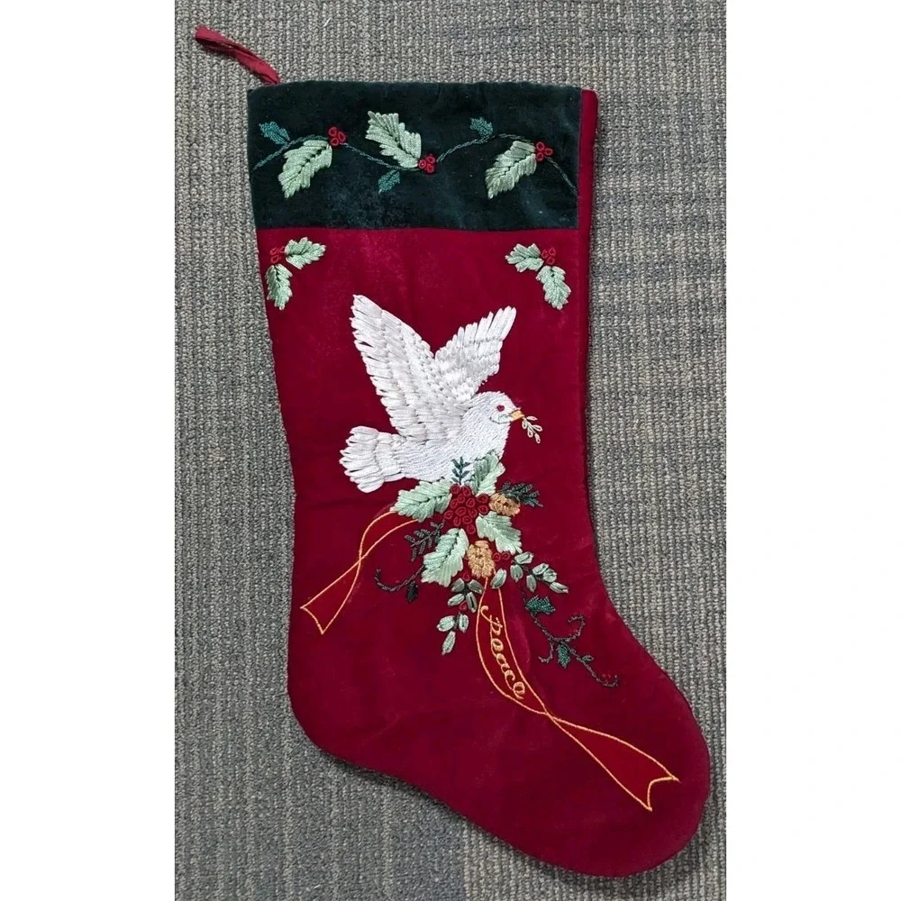 Burgundy Velvet‎ Christmas Stocking Peace White Dove Crewel